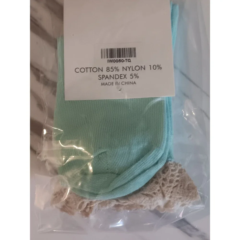 Kids Ankle Socks with Cream Lace & Button Detail in Aqua